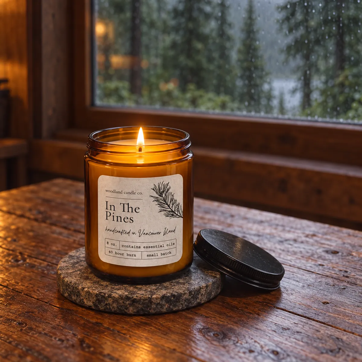 An open In The Pines candle burning on a stone coaster, its lid beside it and a rainy forest window behind