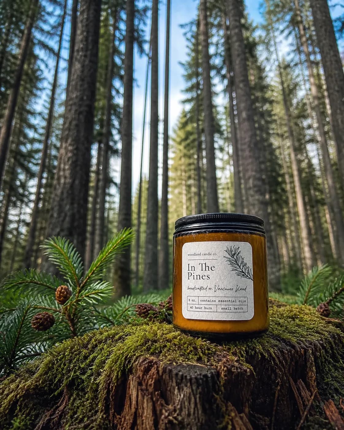 An In The Pines candle standing on a moss-covered stump in a sunlit fir forest