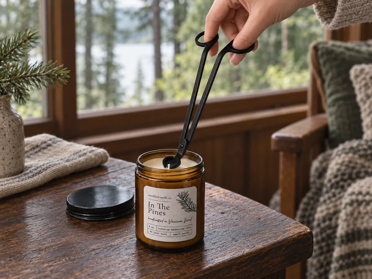 Wick trimmers positioned on the wick of a cold, unlit In The Pines candle