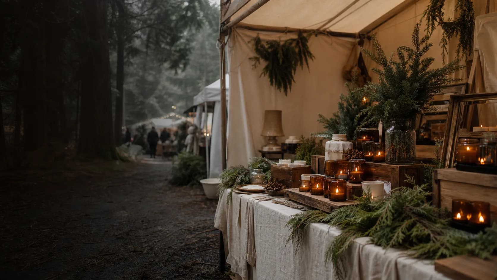 An artisan candle market stall beside a Pacific Northwest forest