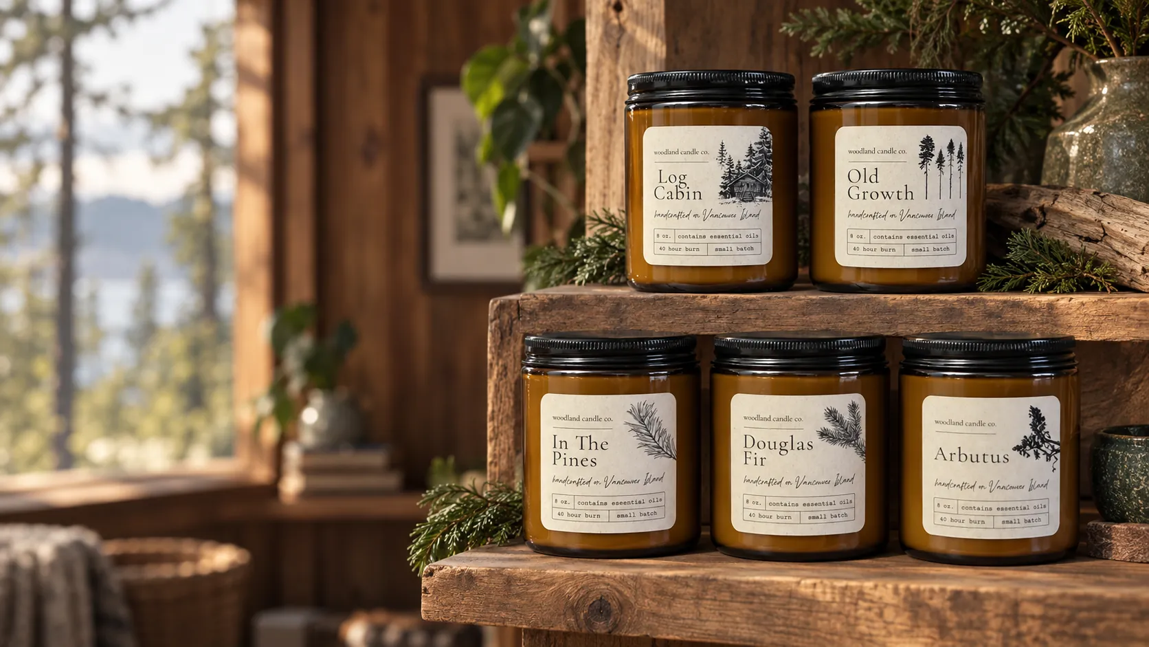 All five Woodland candles displayed on rustic timber shelves beside a forest-facing window